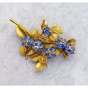 Vintage Ixora Blue Flower Sakura Gold Tone Brooch - CM1